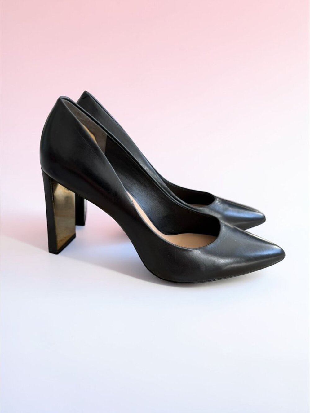 DONNA KARAN Criss Black Leather Signature Heels Size 8